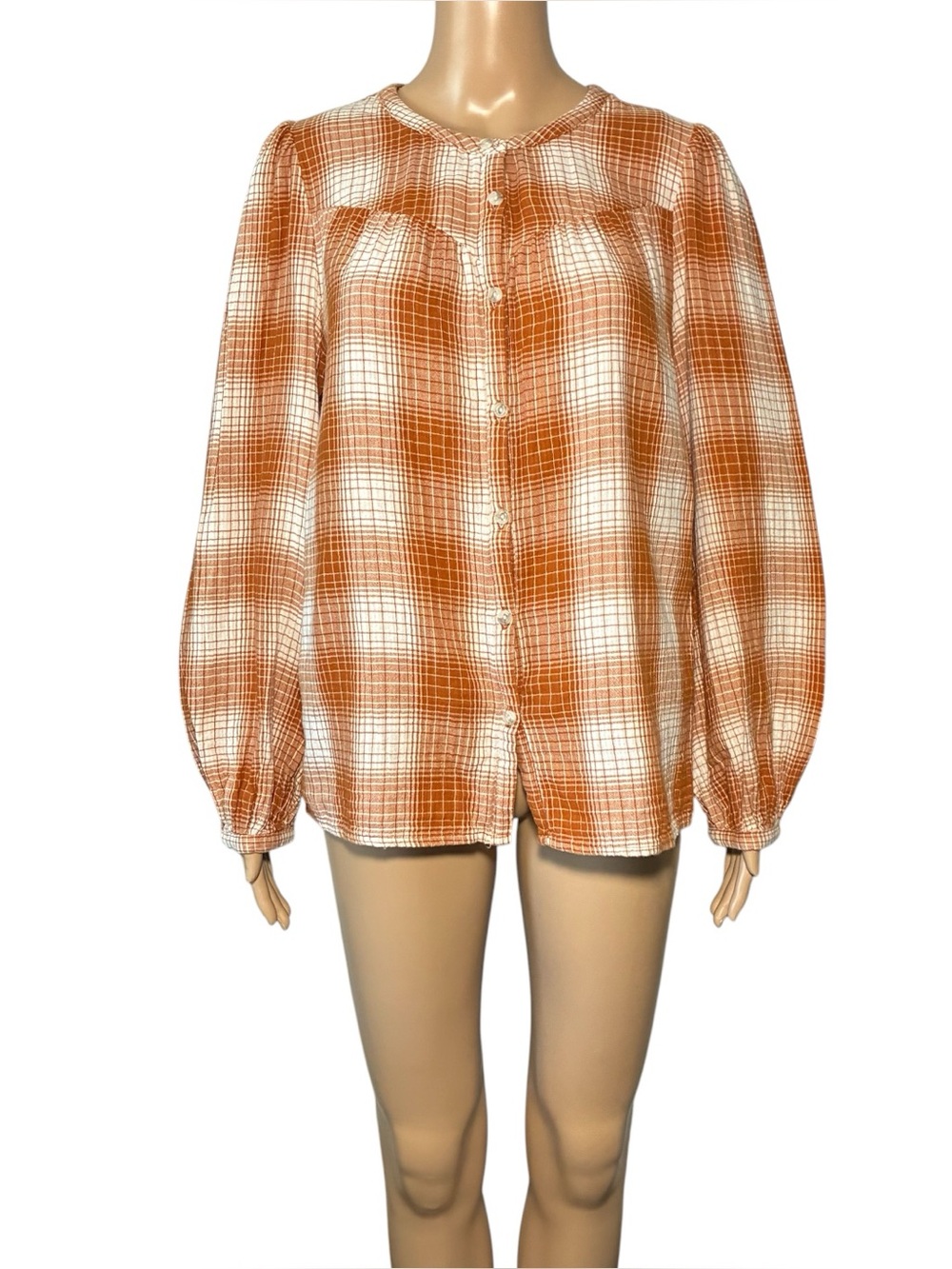 Universal Thread Women's Tunic Blouse M Plaid Button Up Puff Long Sleeve Cotton